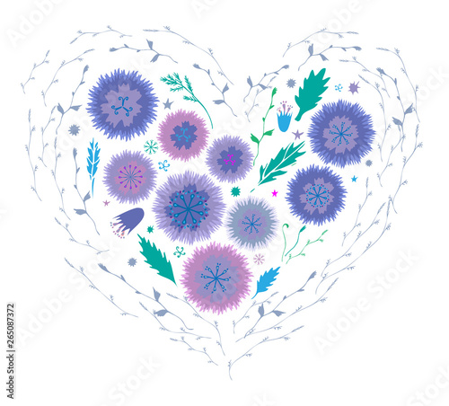 Isolated vector heart from herbs,  knapweed, cornflower, сampanula, harebell flowers and herbs on white background - card template