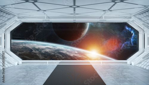 Fototapeta Naklejka Na Ścianę i Meble -  White blue spaceship futuristic interior with window view on space and planets 3d rendering