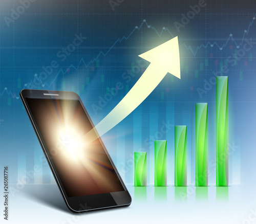 Cryptocurrency trading. Stock Exchange. Graph and arrow sign on the smartphone screen