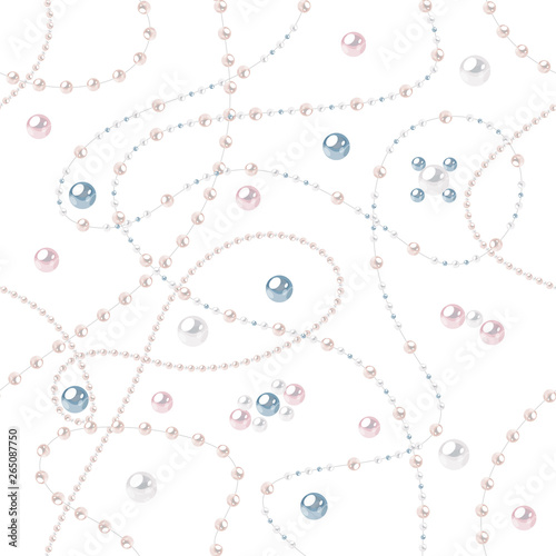 Seamless pearl pattern. Cream colored string and blue beads on white background. Vector illustration.