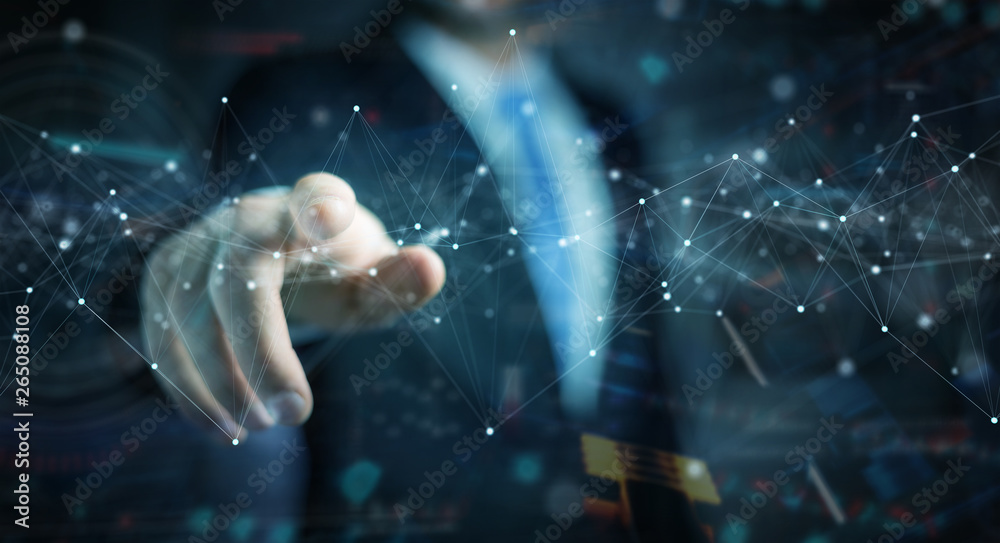 Businessman using floating digital network connections with dots and lines 3D rendering Businessman using floating digital network connections with dots and lines 3D rendering