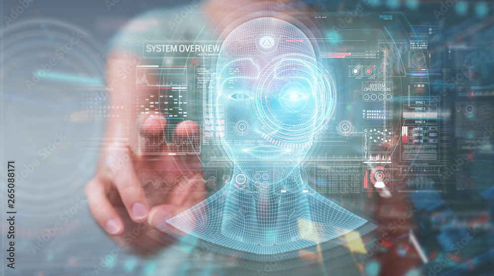 Woman using digital artificial intelligence head interface 3D rendering Woman using digital artificial intelligence head interface 3D rendering
