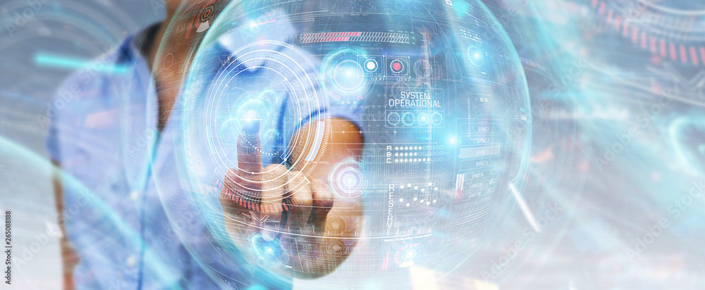 Woman using digital technological interface with datas 3D rendering Woman using digital technological interface with datas 3D rendering