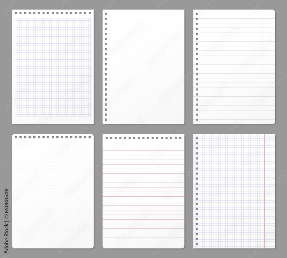 Notebook sheet. Sheets torn from notebook, paper note lined page and copybook notepad padded paper vector illustration set