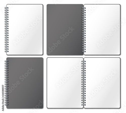 Notebook mockup. Empty copybook, notebooks pages binded on metal spiral and open bound sketchbook realistic 3d vector illustration