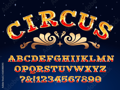 Vintage circus font. Victorian carnival headline signage. Typeface steampunk alphabet sign vector illustration