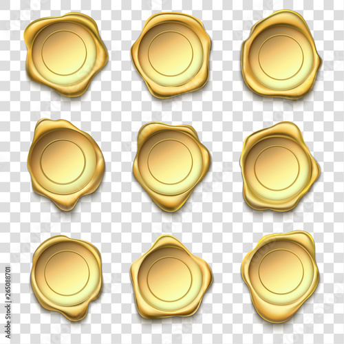 Golden seal. Elite gold wax seals, premium stamps and reliability envelope post stamp vector illustration set