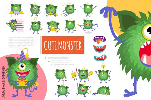 Cartoon Cute Green Monster Composition