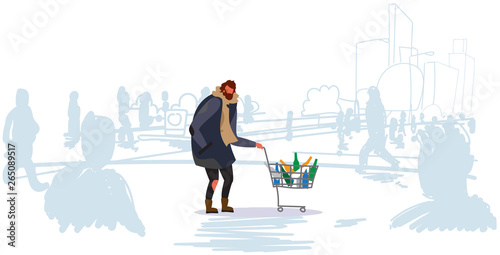 poor man pushing trolley cart with colorful empty bottles guy walking street begging for help out from crowd homeless concept people silhouette background horizontal