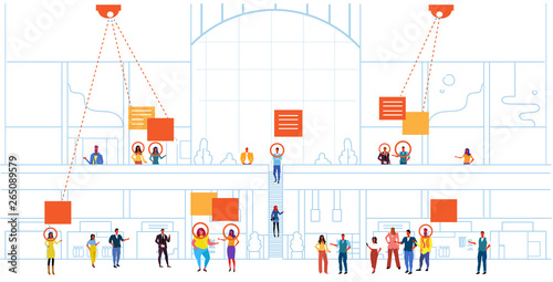 retail store visitors identification facial recognition concept modern shopping mall interior security camera surveillance cctv system horizontal sketch doodle full length