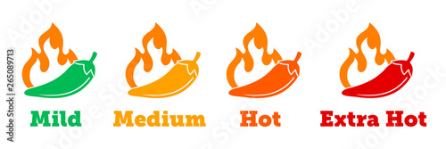 Spicy chili hot pepper vector icons. Spicy Mexican fast food menu or package level labels, mild, medium and extra hot red pepper fire flame