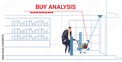 man customer pushing trolley cart security camera analyzing groceries surveillance cctv system buy analysis concept modern grocery store interior horizontal sketch doodle full length