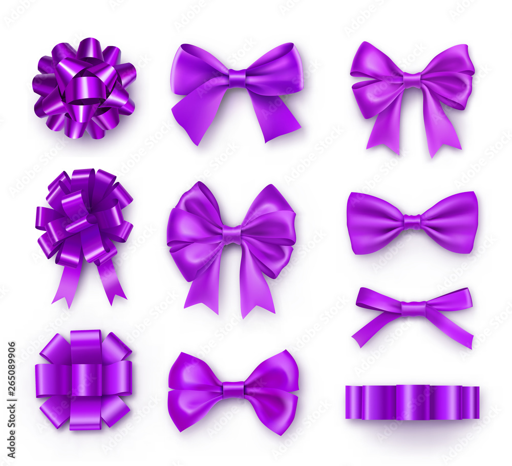 Purple gift bows with ribbons. Realistic decoration for holidays presents and cards. Elegant object from silk vector illustration. Valentines or birthday decor isolated on white background