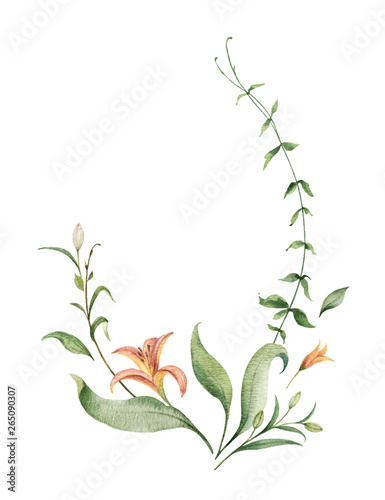 Watercolor vector wreath of orange Lily flowers and green leaves.