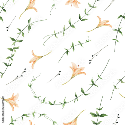 Watercolor vector seamless pattern of Lily flowers and green leaves.