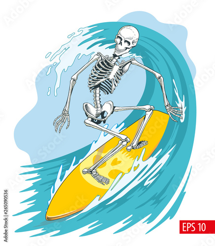 Skeleton surfer on the board ride the wave. Vector illustration.