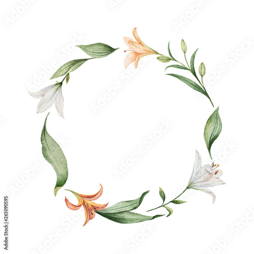 Watercolor vector wreath of orange Lily flowers and green leaves.