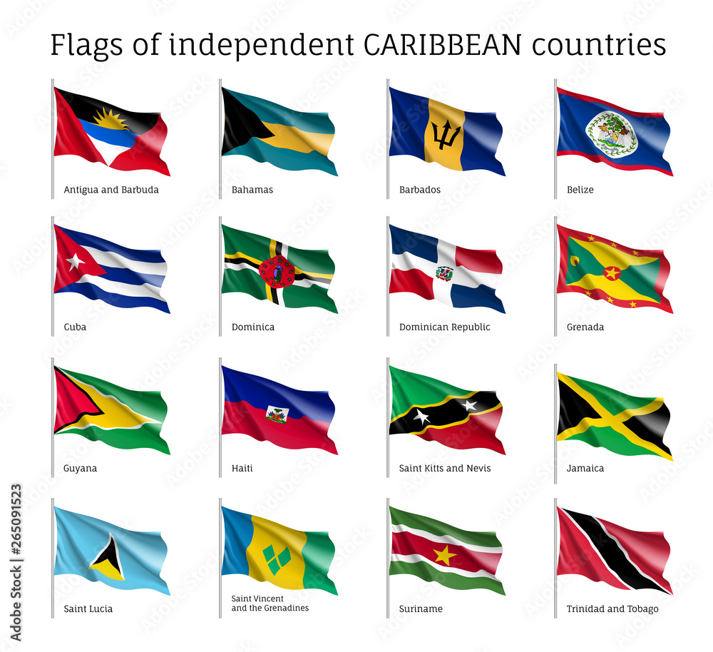 Wavy flags of independent Caribbean countries. Officially recognized flag of state on flagpole isolated on white background. Realistic national and political identity. Patriotic vector illustration.