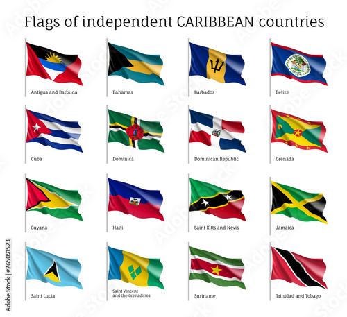 Wavy flags of independent Caribbean countries. Officially recognized flag of state on flagpole isolated on white background. Realistic national and political identity. Patriotic vector illustration. © Sunflower