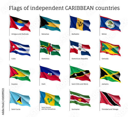 Wavy flags of independent Caribbean countries. Officially recognized flag of state on flagpole isolated on white background. Realistic national and political identity. Patriotic vector illustration. photo