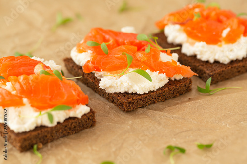 Smoked salmon sandwich with cream cheese close-up. Tasty snack