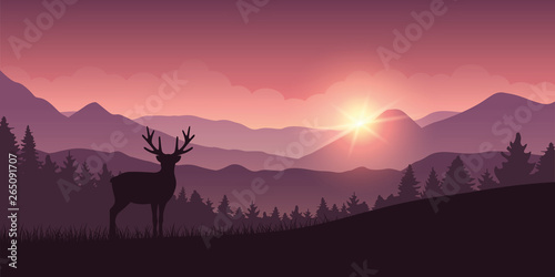 reindeer in the mountains with forest landscape vector illustration EPS10