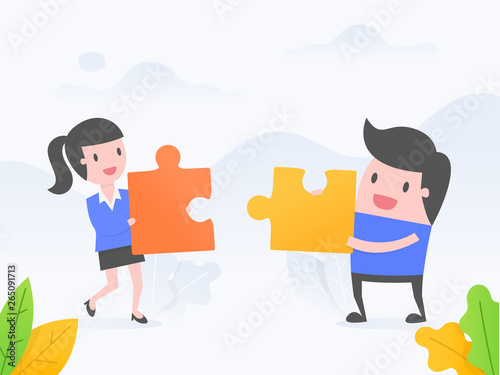 Vector illustration concept of cooperation, teamwork, solution. people connecting puzzle elements.