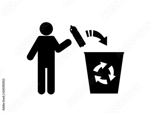 A conceptual illustration of the pollution of the world with plastic waste. Man throws a plastic bottle in the trash for recycling. Great icon for eco design.