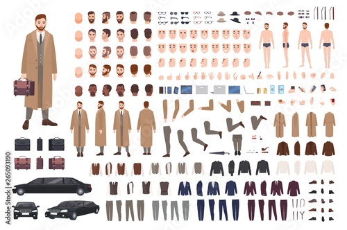 Elegant bearded man in coat animation set or DIY kit. Collection of body parts, postures, hairstyles, stylish clothes. Male cartoon character. Front, side, back views. Flat vector illustration.