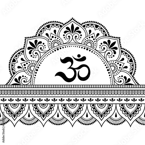 Seamless borders with mandala for design, application of henna, Mehndi and tattoo. Decorative pattern in ethnic oriental style with ancient Hindu mantra OM.