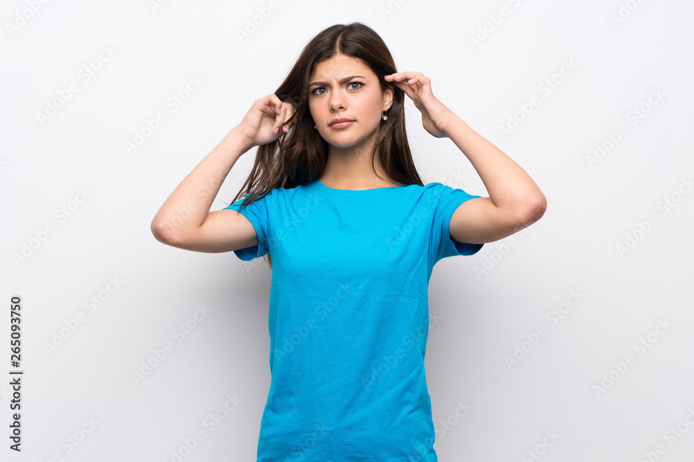 Teenager girl with blue shirt having doubts and thinking Teenager girl with blue shirt having doubts and thinking