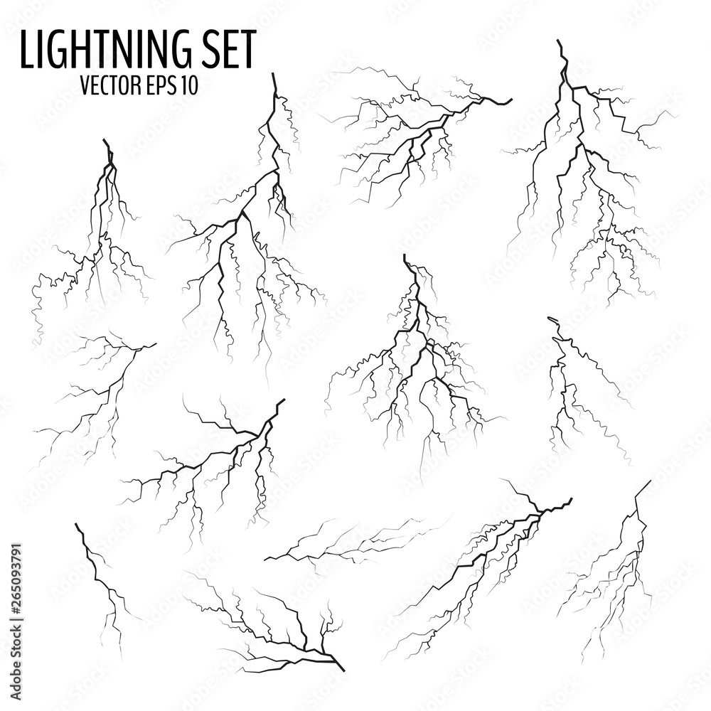 Set of black cracks and lightning bolts