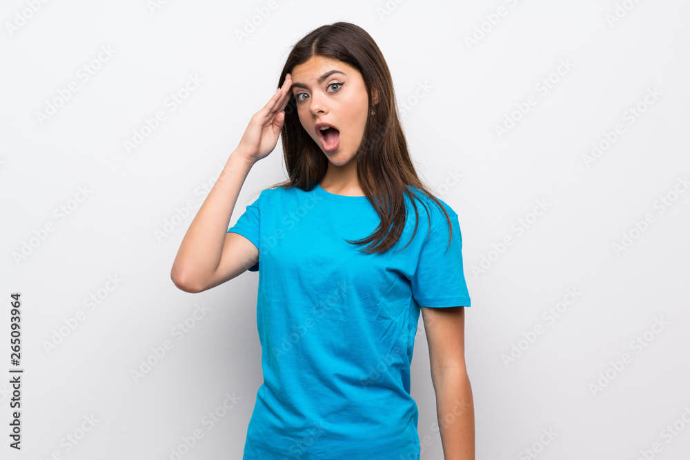 Teenager girl with blue shirt has just realized something and has intending the solution Teenager girl with blue shirt has just realized something and has intending the solution