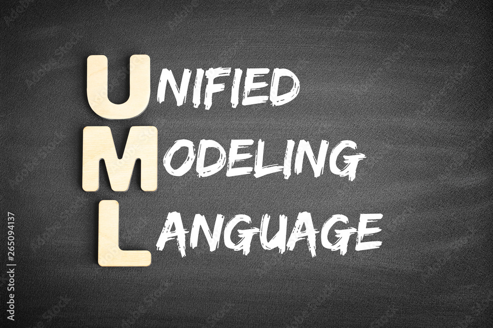 Wooden alphabets building the word UML - Unified Modeling Language acronym on blackboard Wooden alphabets building the word UML - Unified Modeling Language acronym on blackboard