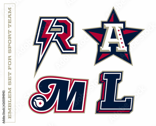 Modern professional letter emblems for sport teams. R A M L letter