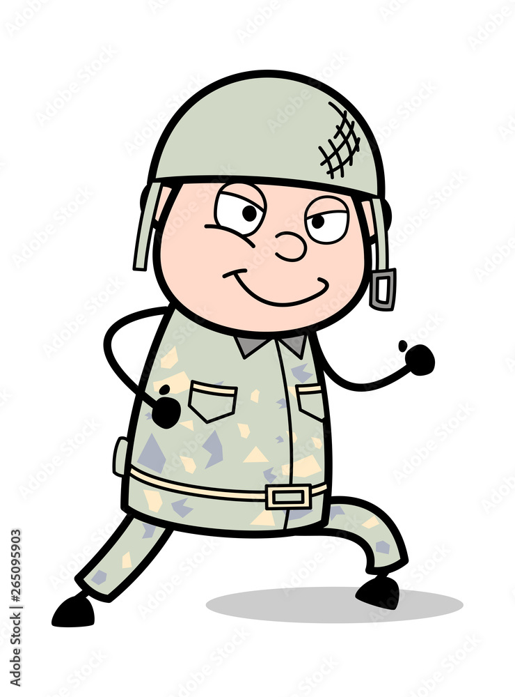 Running and Smiling - Cute Army Man Cartoon Soldier Vector Illustration
