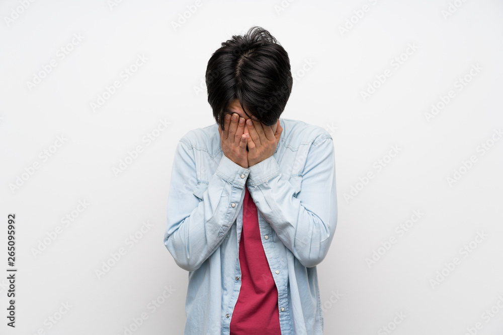 Asian man on isolated white background with tired and sick expression Asian man on isolated white background with tired and sick expression