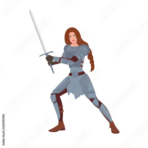 Brave female warrior or medieval knight. Woman holding sword and standing in fighting stance isolated on white background. Maiden with long hair wearing armor. Flat cartoon vector illustration.