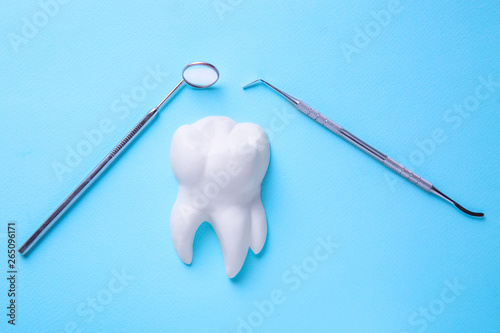 Professional steel dental instrument explorer probe with a mirror above white tooth model light blue background. Dental health and teethcare concept. © Nikolay N. Antonov