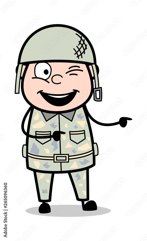 Winking Eye and Pointing - Cute Army Man Cartoon Soldier Vector Illustration
