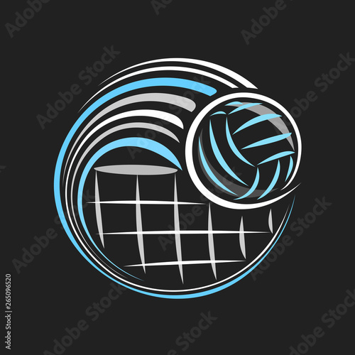 Vector logo for Volleyball, decorative badge with volleyball ball flying on trajectory in goal above net on dark background, sports chalk sketch on blackboard.