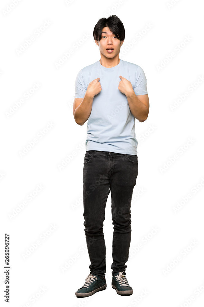 A full-length shot of a Asian man with blue shirt with surprise facial expression over isolated white background A full-length shot of a Asian man with blue shirt with surprise facial expression over isolated white background