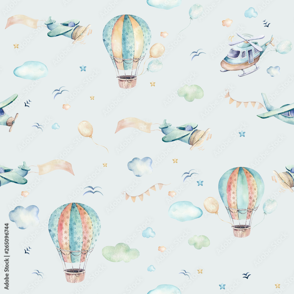 Fototapeta Watercolor set background illustration of a cute cartoon and fancy sky scene complete with airplanes, helicopters, plane and balloons, clouds. Boy seamless pattern. It's a baby shower design