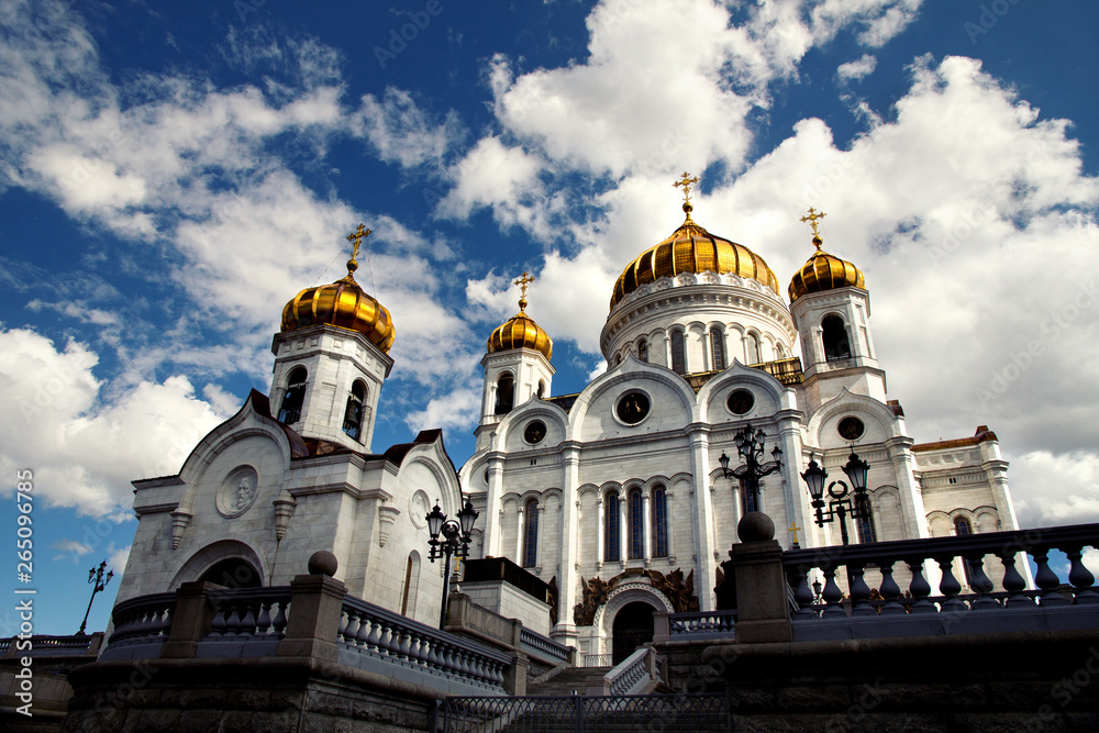 The Cathedral of Christ the Saviour in Moscow with sunray from clouds