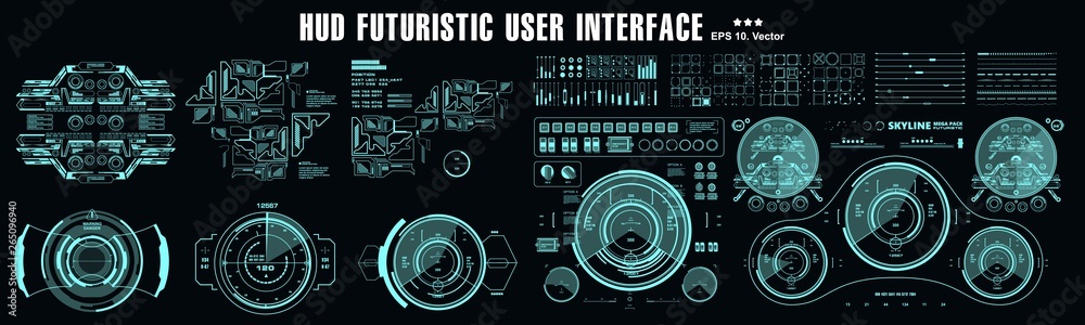 HUD elements mega set pack. Dashboard display virtual reality technology screen. Futuristic user interface.