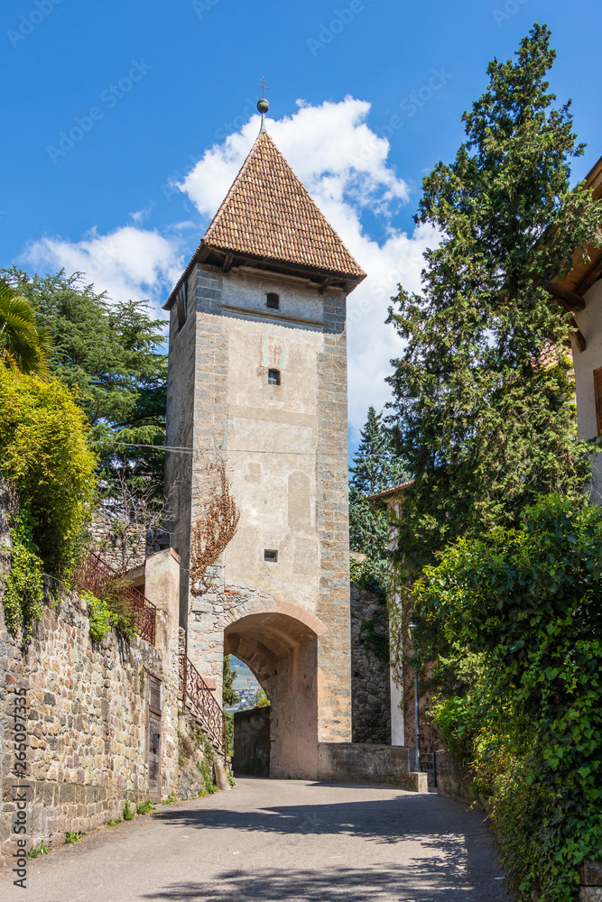 Old Entrance Gate of Meran (ger. Passeirertor der Meraner Stadtmauer). Merano, Province Bolzano, South Tyrol, Italy.