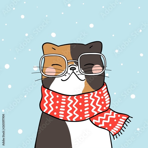 Draw cute cat with beauty scarf in snow for winter season.