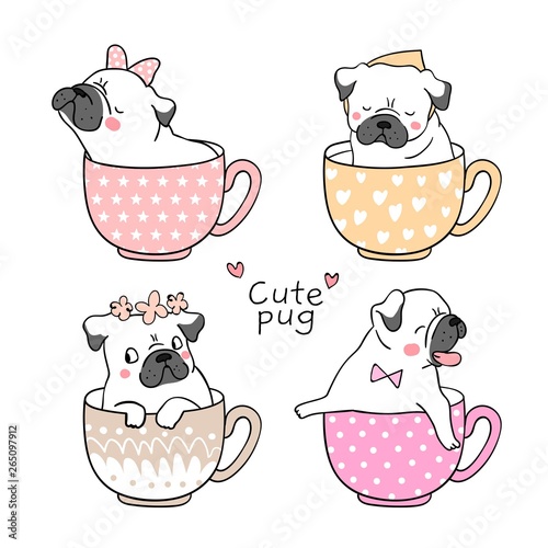 Draw cute pug dog in cup of tea.