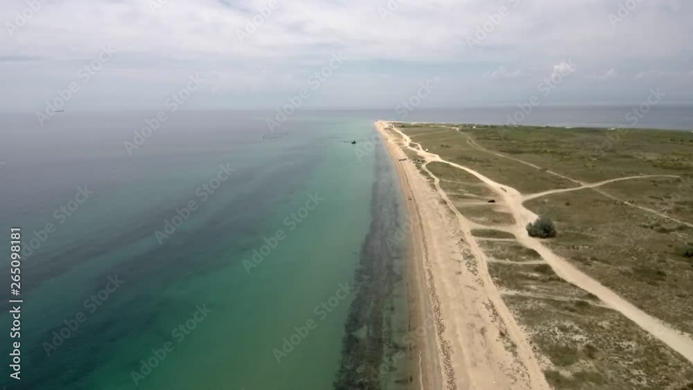 Aerial shot of great stunning beach in Epanomi Thessaloniki Greece, move forward by drone Aerial shot of great stunning beach in Epanomi Thessaloniki Greece, move forward by drone