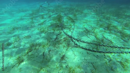 Filming the anchor while diving. Beautiful moment when I captured anchor and shoal of fishes at the same time in clear blue water. High quality image and very rear moment. photo